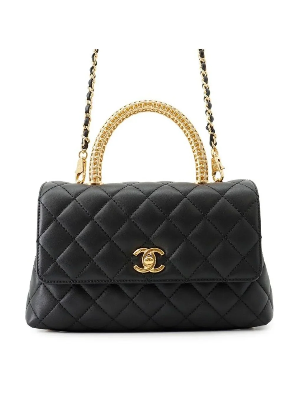 Chanel Quilted CC Logo Coco Handle Lambskin 2-Way Shoulder Bag Black